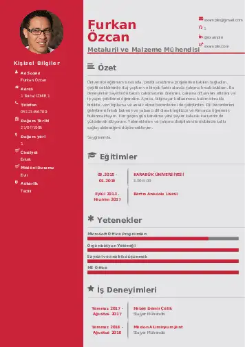Metalürji Ve Malzeme Mühendisliği Cv Örnekleri cv indir